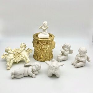 Vintage Angel Cherub Lot Bisque Porcelain Weeping Gold Candle Holder Resin Ring